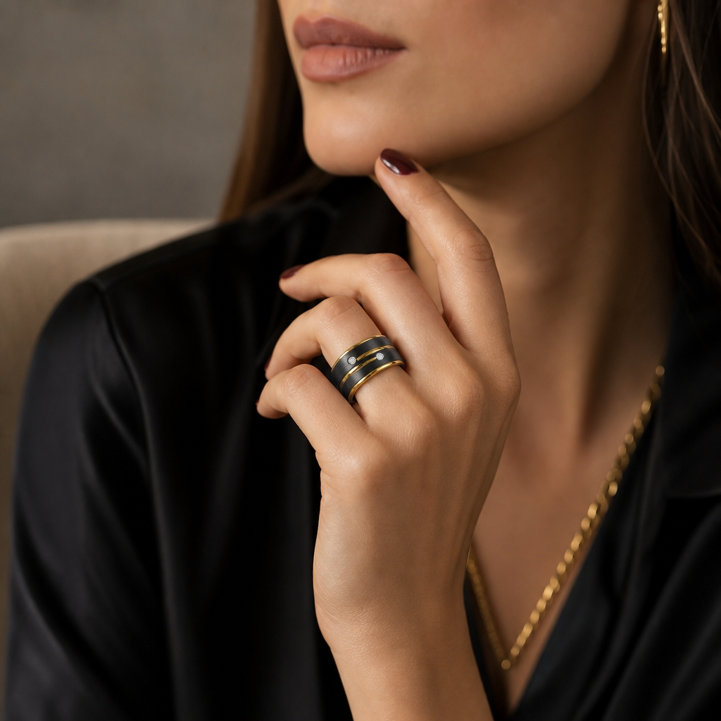 Black Class Golden Ring | 18K Real Gold PVD Plated– For Women | Includes: Ring