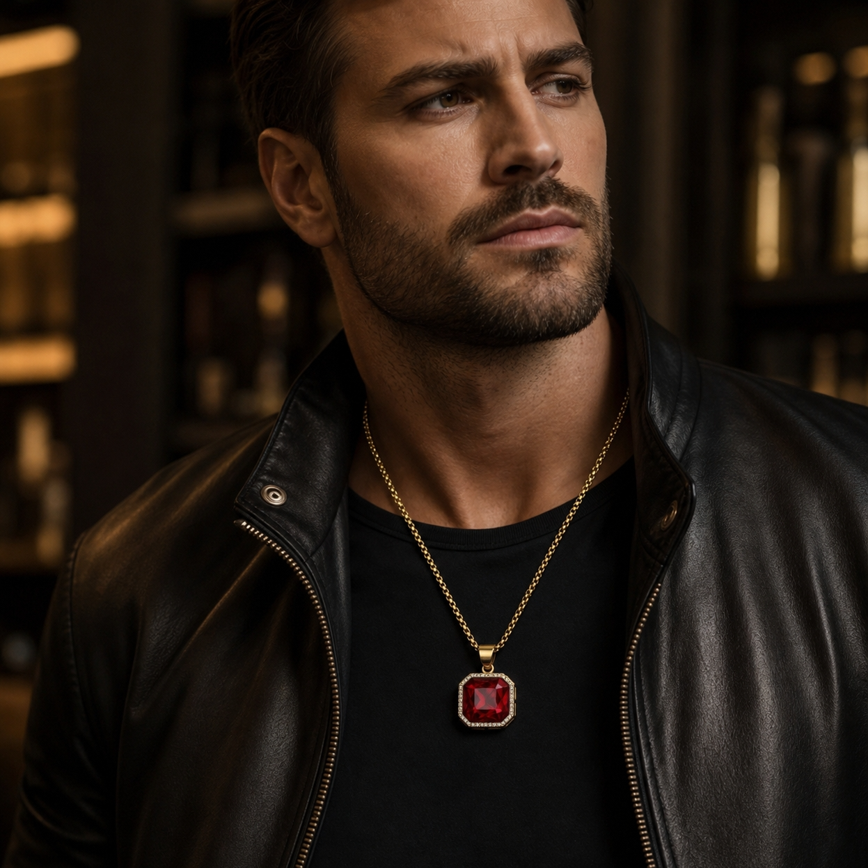 Ultra BOLD Posh RED Zircon Golden Necklace | 18K PVD REAL Gold Plated- For Men| Includes: Necklace