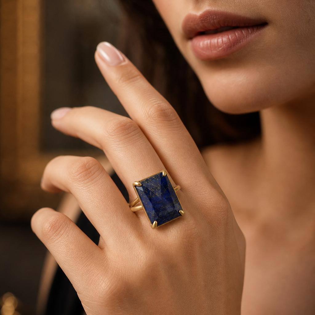 BOLD Natural Lapis Stone Golden Flexi Size Ring | 18K Real Gold PVD Plated– For Women | Includes: Ring