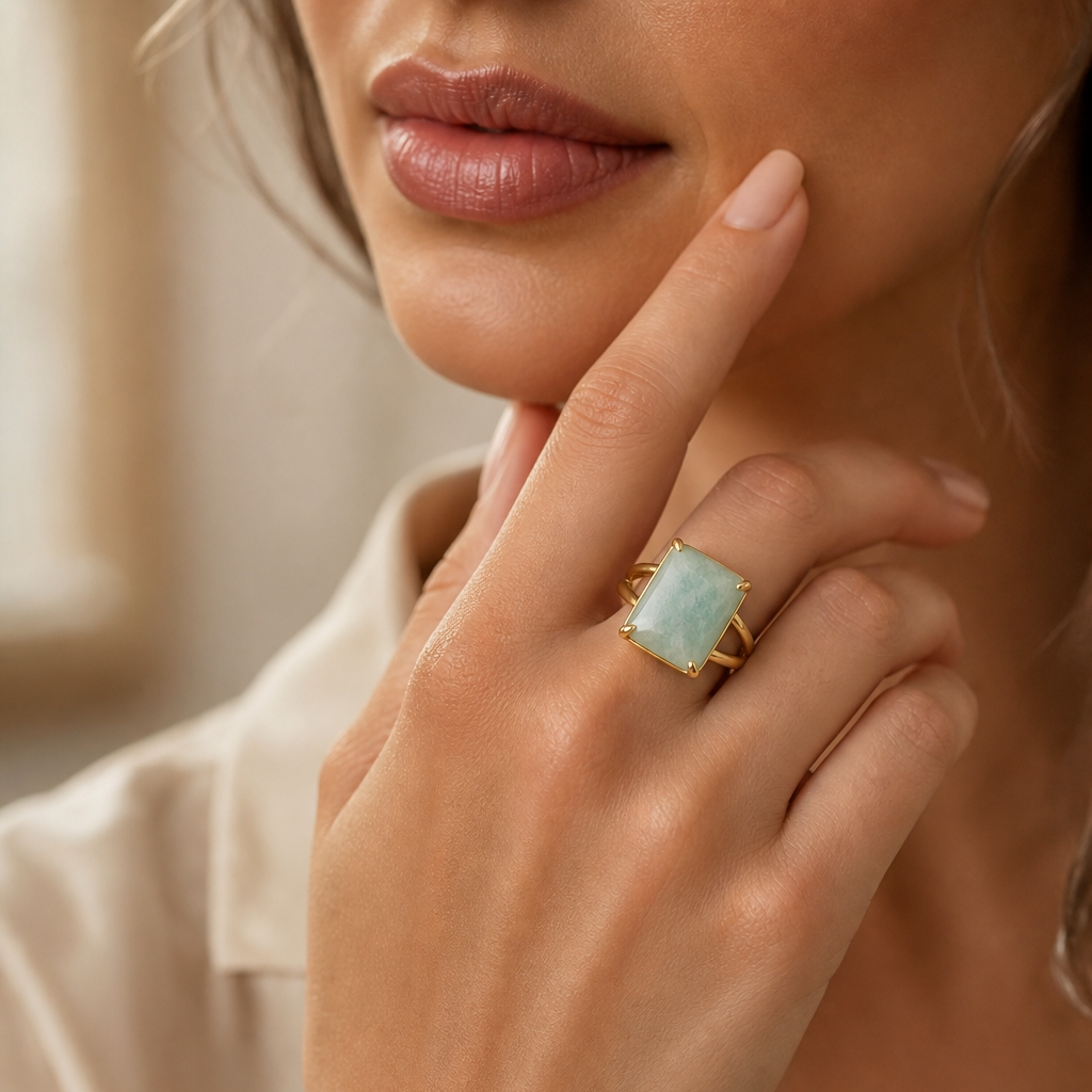 BOLD Natural Amazonite Stone Golden Flexi Size Ring | 18K Real Gold PVD Plated– For Women | Includes: Ring