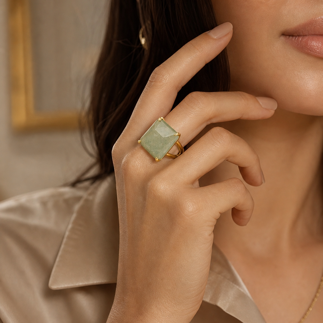 BOLD Natural Green Jade Golden Flexi Size Ring | 18K Real Gold PVD Plated– For Women | Includes: Ring