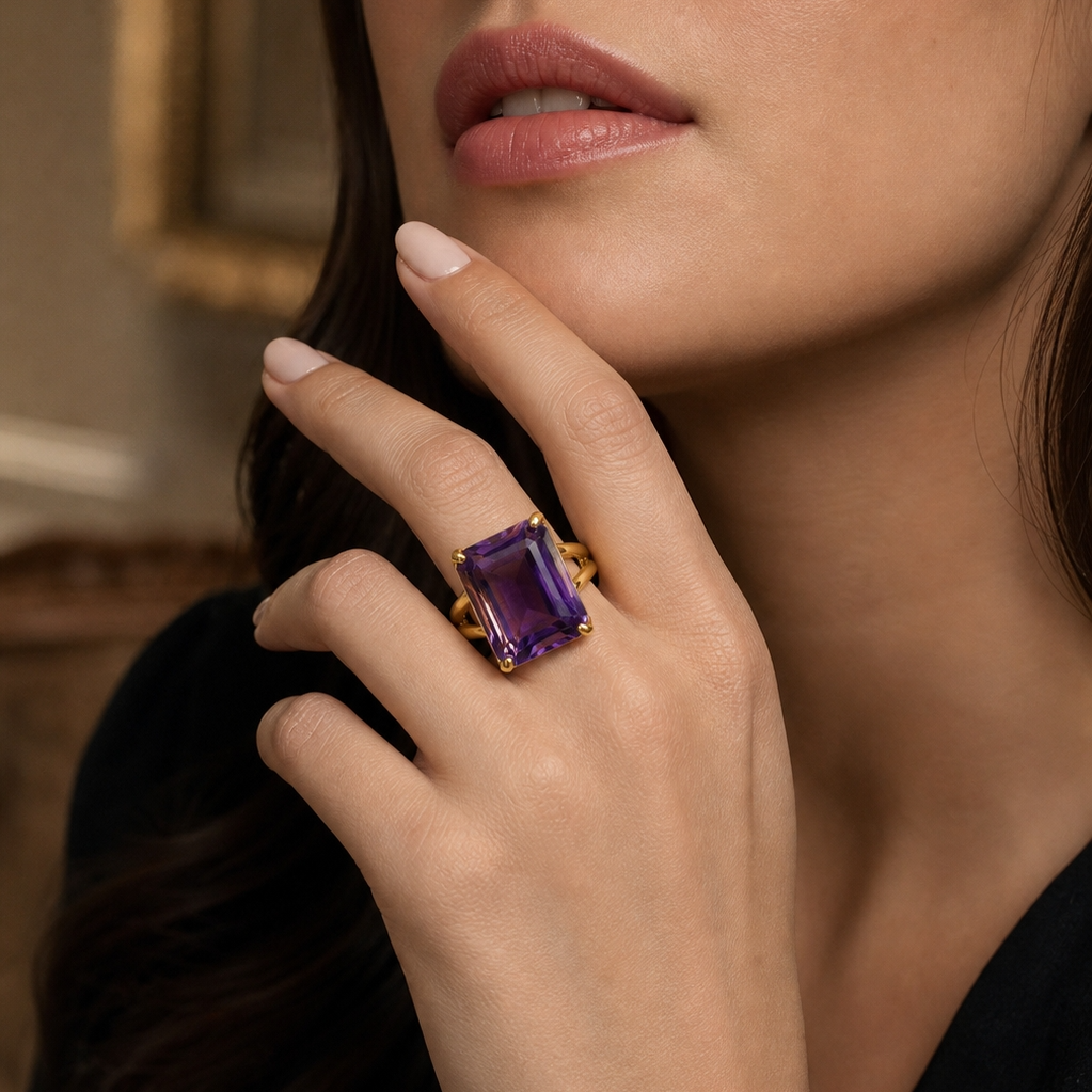 BOLD Natural Amethyst Stone Golden Flexi Size Ring | 18K Real Gold PVD Plated– For Women | Includes: Ring