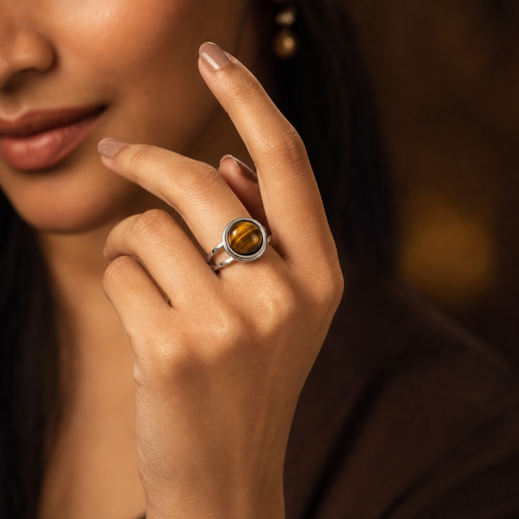 Adjustable Ring with Tiger Eye Stone| Silver Plated -For Women | Includes: Ring
