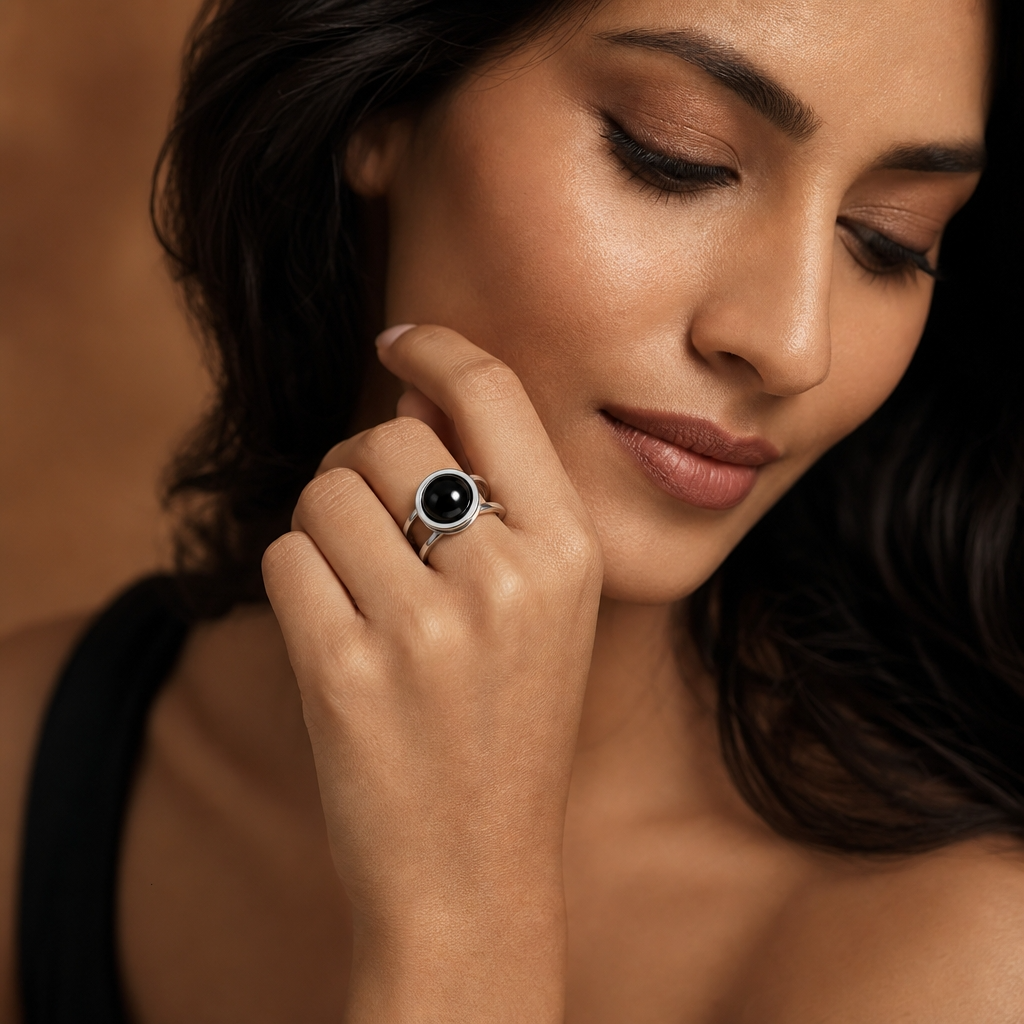 Adjustable Ring with Black Obsidian Stone| Silver Plated -For Women | Includes: Ring