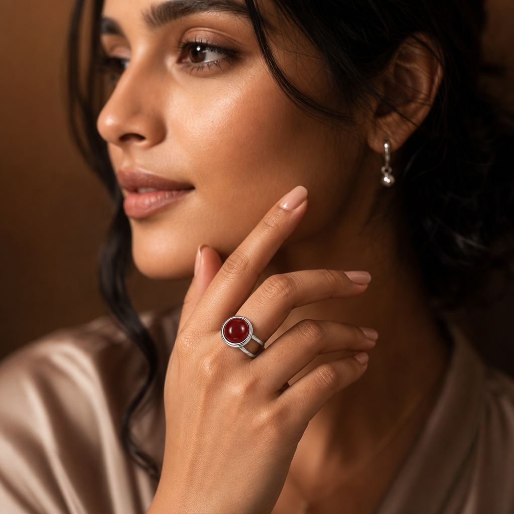 Adjustable Ring with Red Onyx Stone| Silver Plated -For Women | Includes: Ring