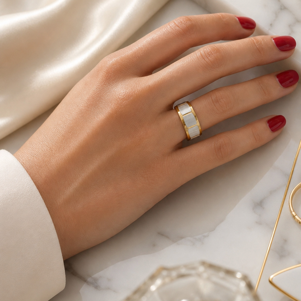 Everyday Textured Designer Golden STEEL Ring | 18K PVD Gold Plated- For Women | Includes: Ring