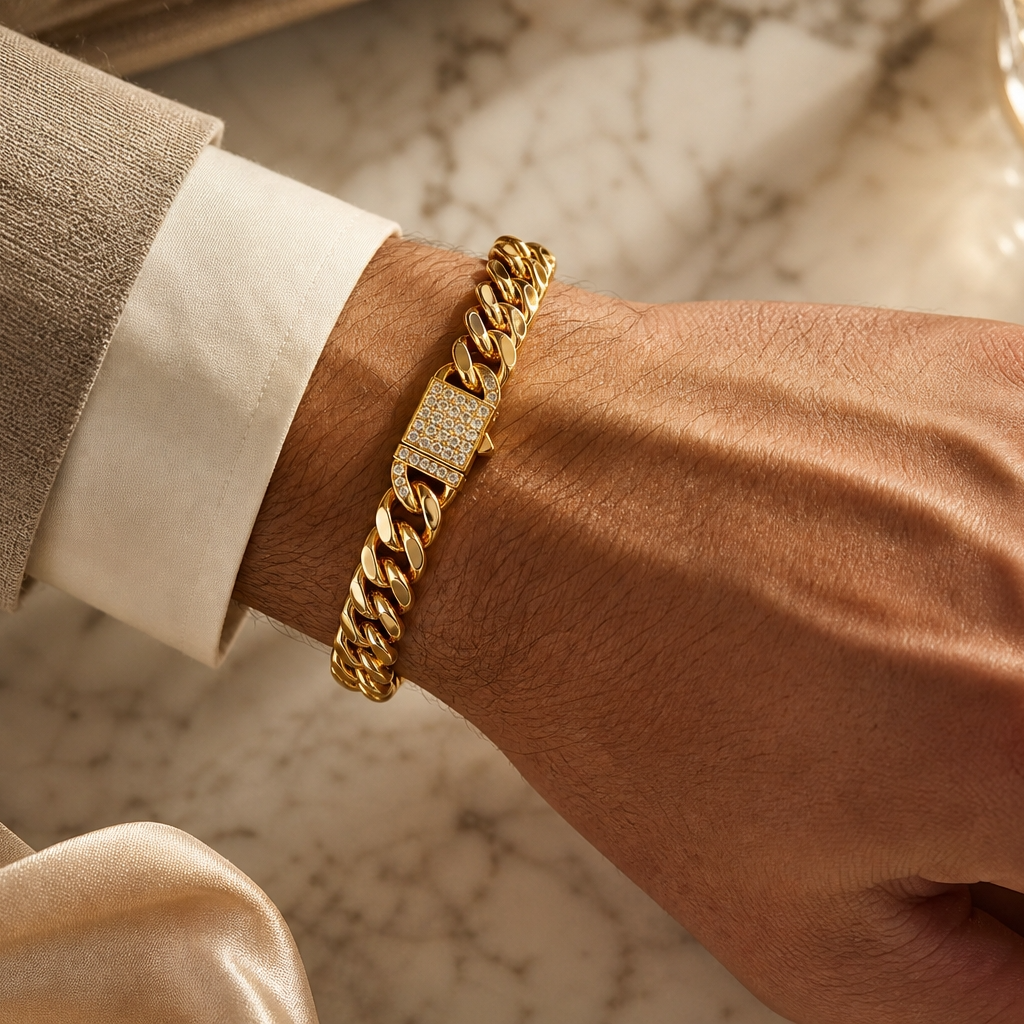 Designer Modern Real Golden Zircon clasp Standard 8MM STANDARD Bracelet | 18K PVD Gold Plated- For Men | Includes: Bracelet