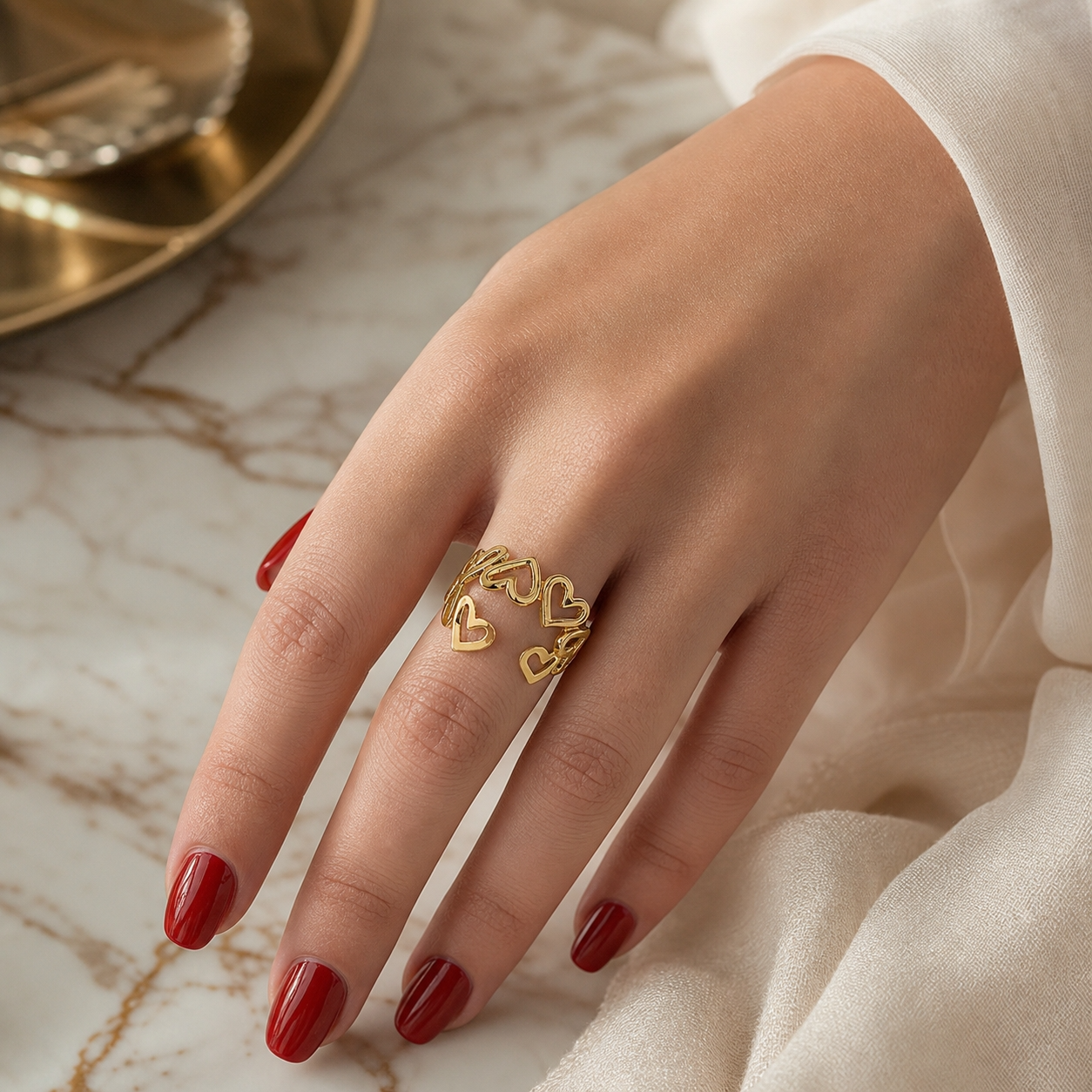 Multi-Heart Hollow Flexi Size Ring | 18K PVD Gold Plated- For Women | Includes: Ring