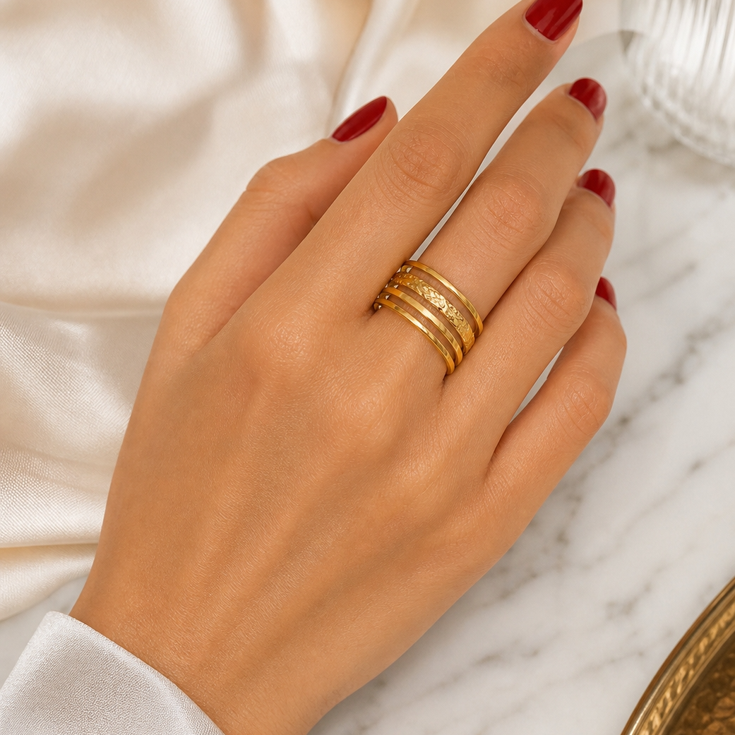 Multi-Layer Hammered Line Flexi Size Ring | 18K PVD Gold Plated- For Women | Includes: Ring