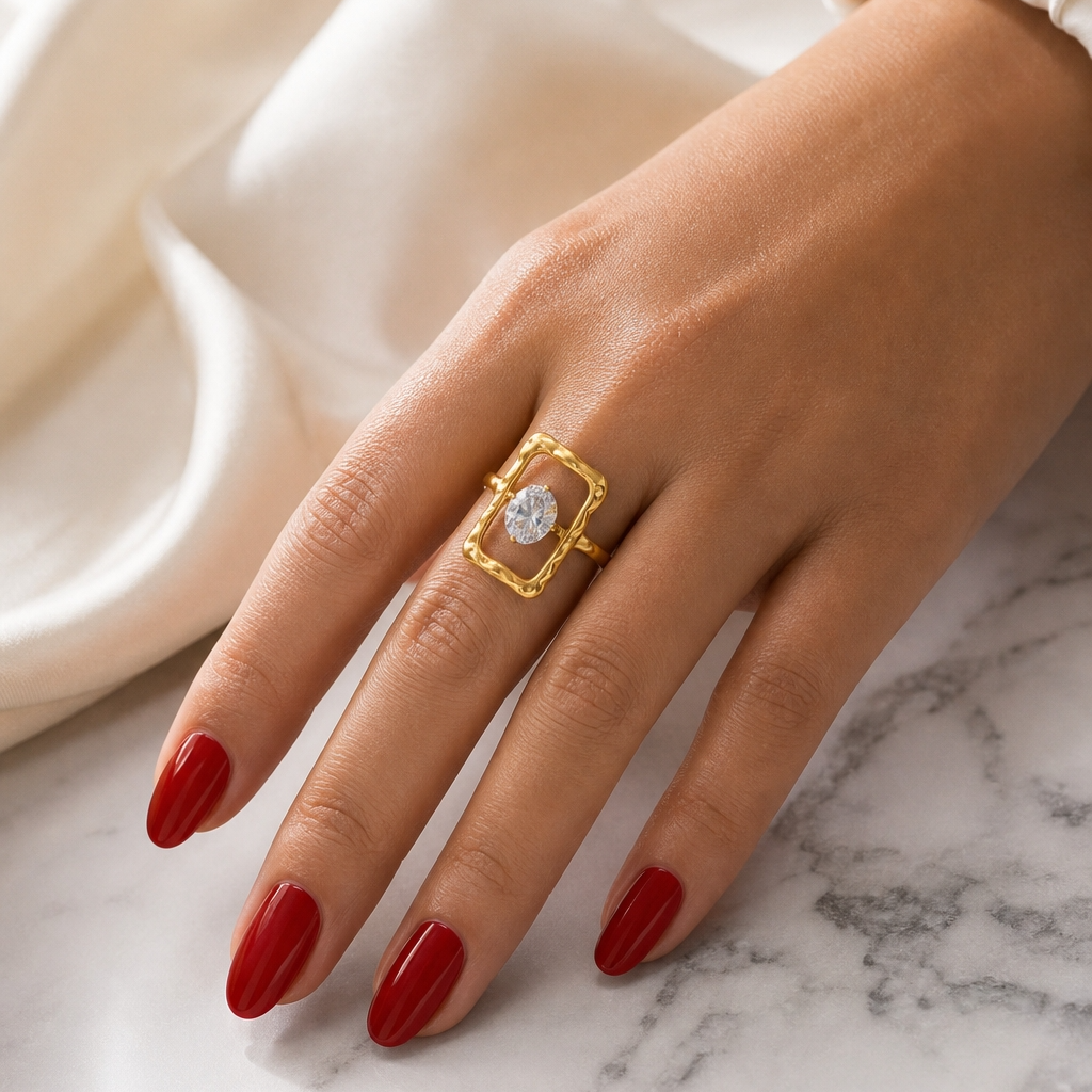Trendy Organic Shape Solitaire Zircon Flexi Size Ring | 18K PVD Gold Plated- For Women | Includes: Ring