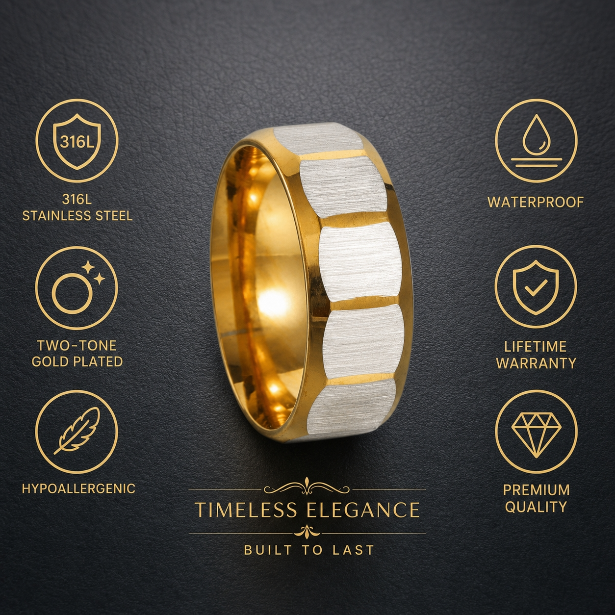 Everyday Textured Designer Golden STEEL Ring | 18K PVD Gold Plated- For Women | Includes: Ring