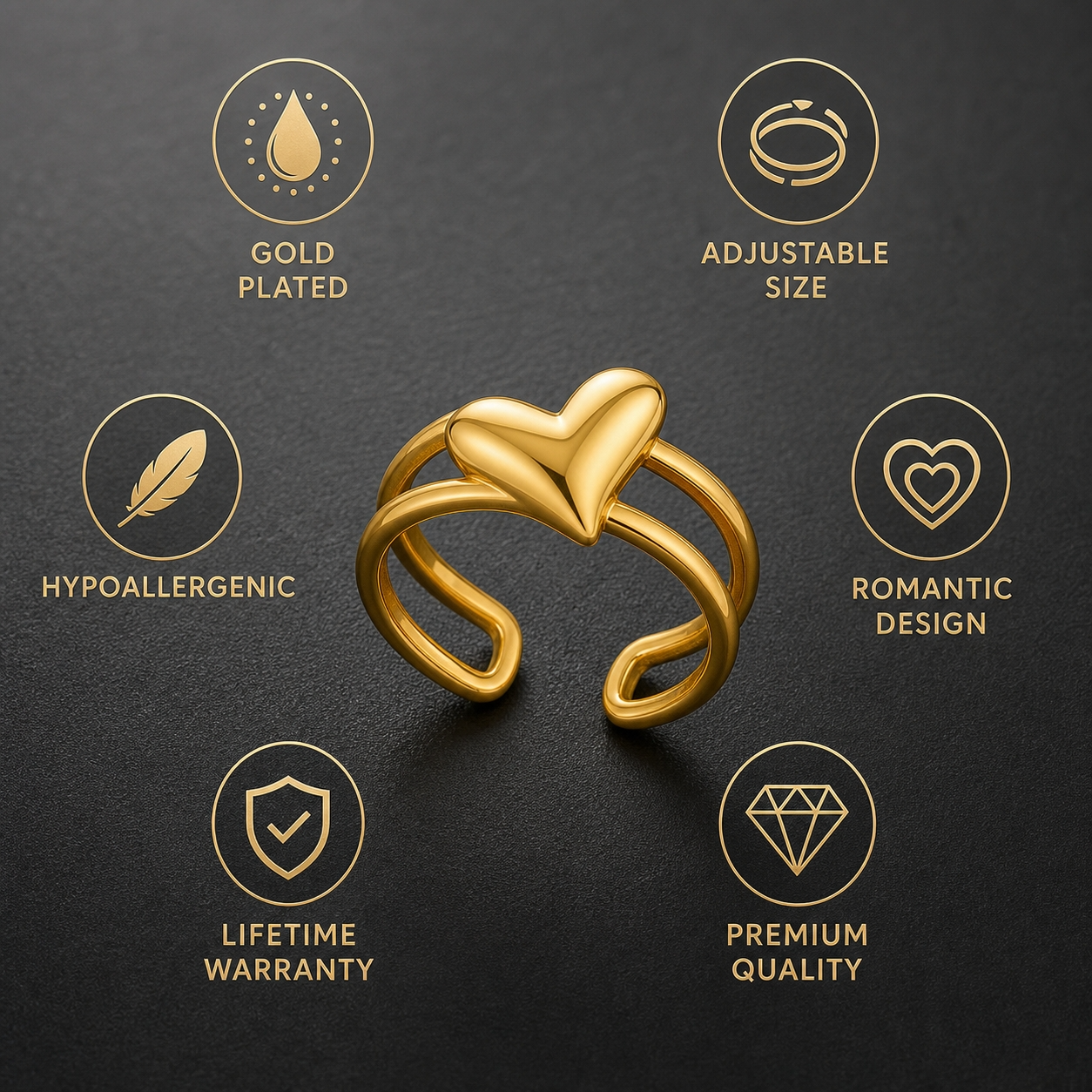 Dule Line tilted Heart Flexi Size Ring | 18K PVD Gold Plated- For Women | Includes: Ring