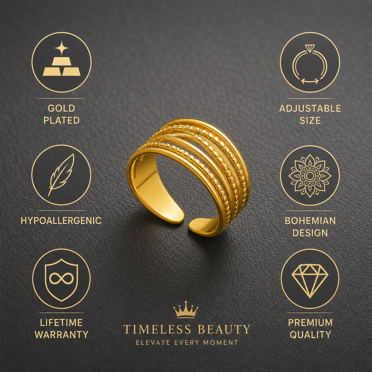Multi-Layer Bead Line Flexi Size Ring | 18K PVD Gold Plated- For Women | Includes: Ring