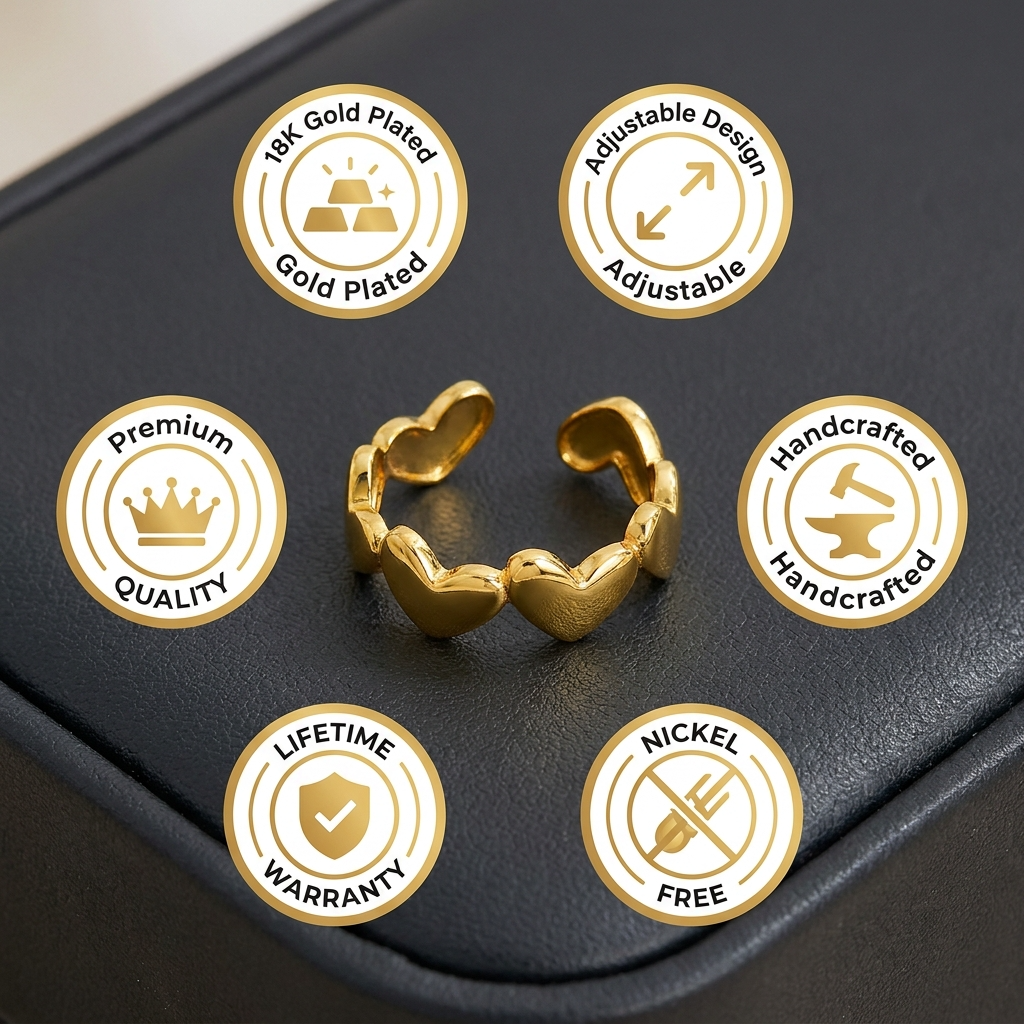 Multi-Heart Solid Flexi Size Ring | 18K PVD Gold Plated- For Women | Includes: Ring