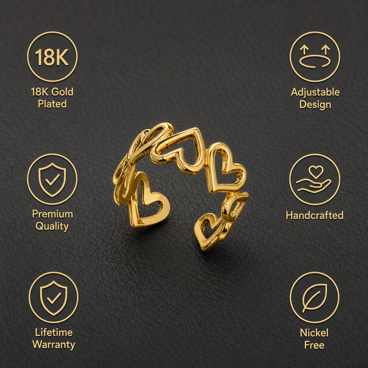 Multi-Heart Hollow Flexi Size Ring | 18K PVD Gold Plated- For Women | Includes: Ring