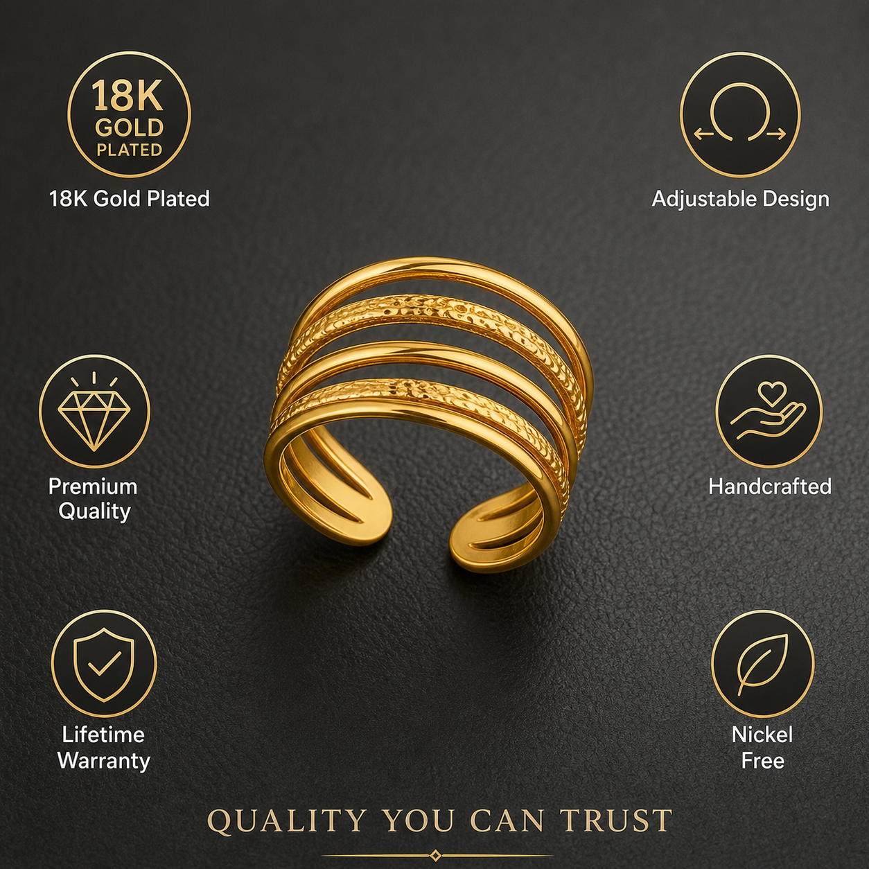 Multi-Layer Hammered Line Flexi Size Ring | 18K PVD Gold Plated- For Women | Includes: Ring