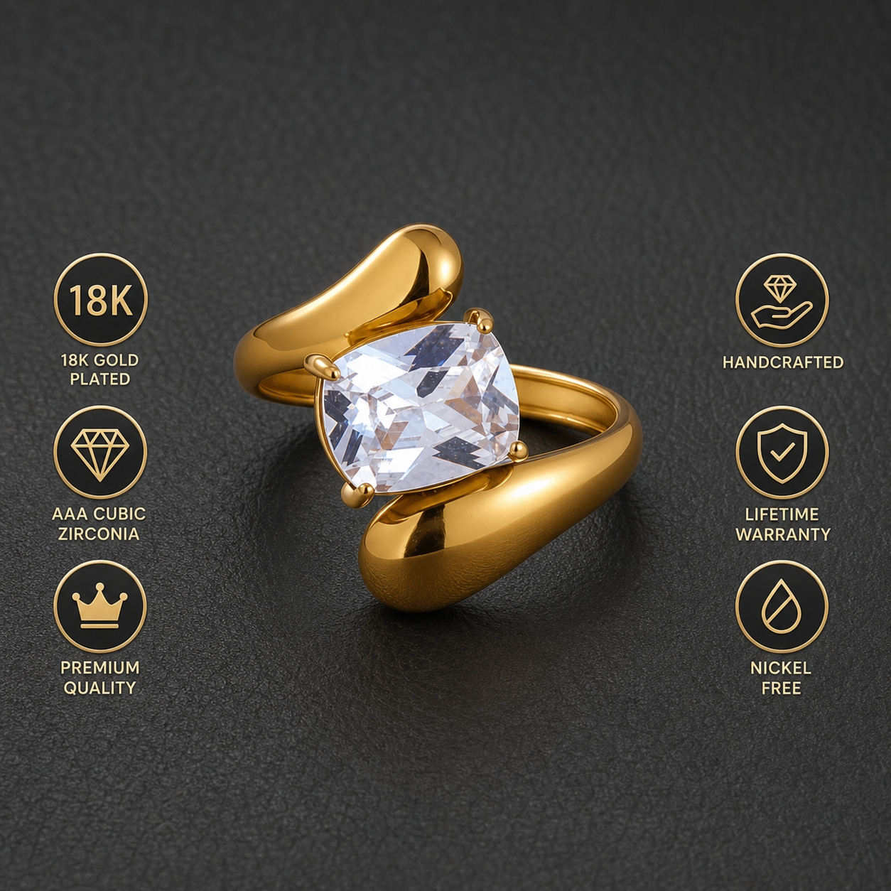Modern Wavy Solitaire Zircon Golden Flexi Size Ring | 18K PVD Gold Plated- For Women | Includes: Ring