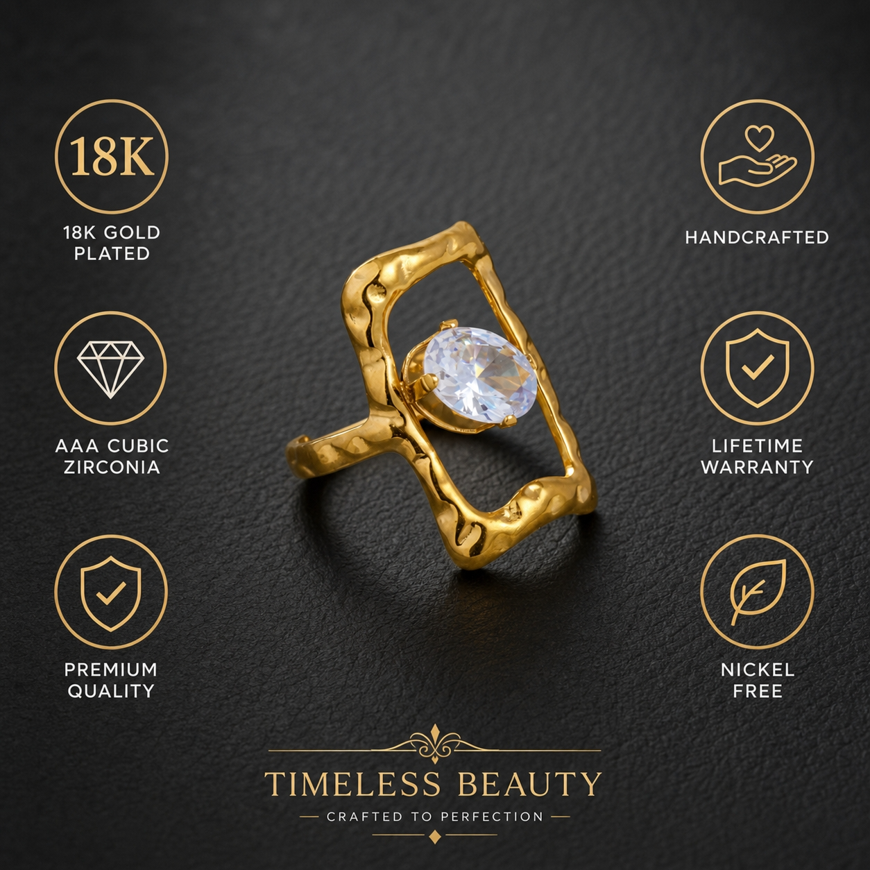 Trendy Organic Shape Solitaire Zircon Flexi Size Ring | 18K PVD Gold Plated- For Women | Includes: Ring