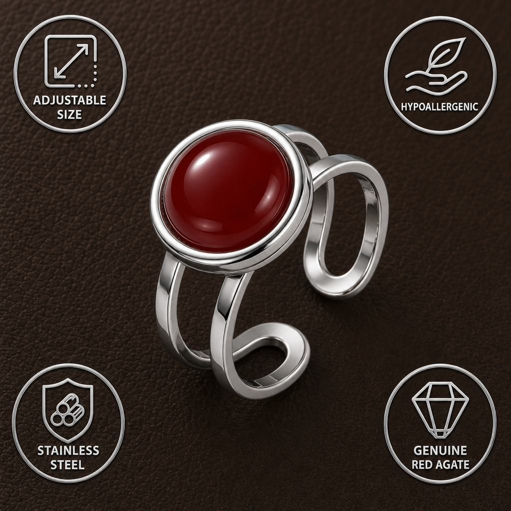 Adjustable Ring with Red Onyx Stone| Silver Plated -For Women | Includes: Ring
