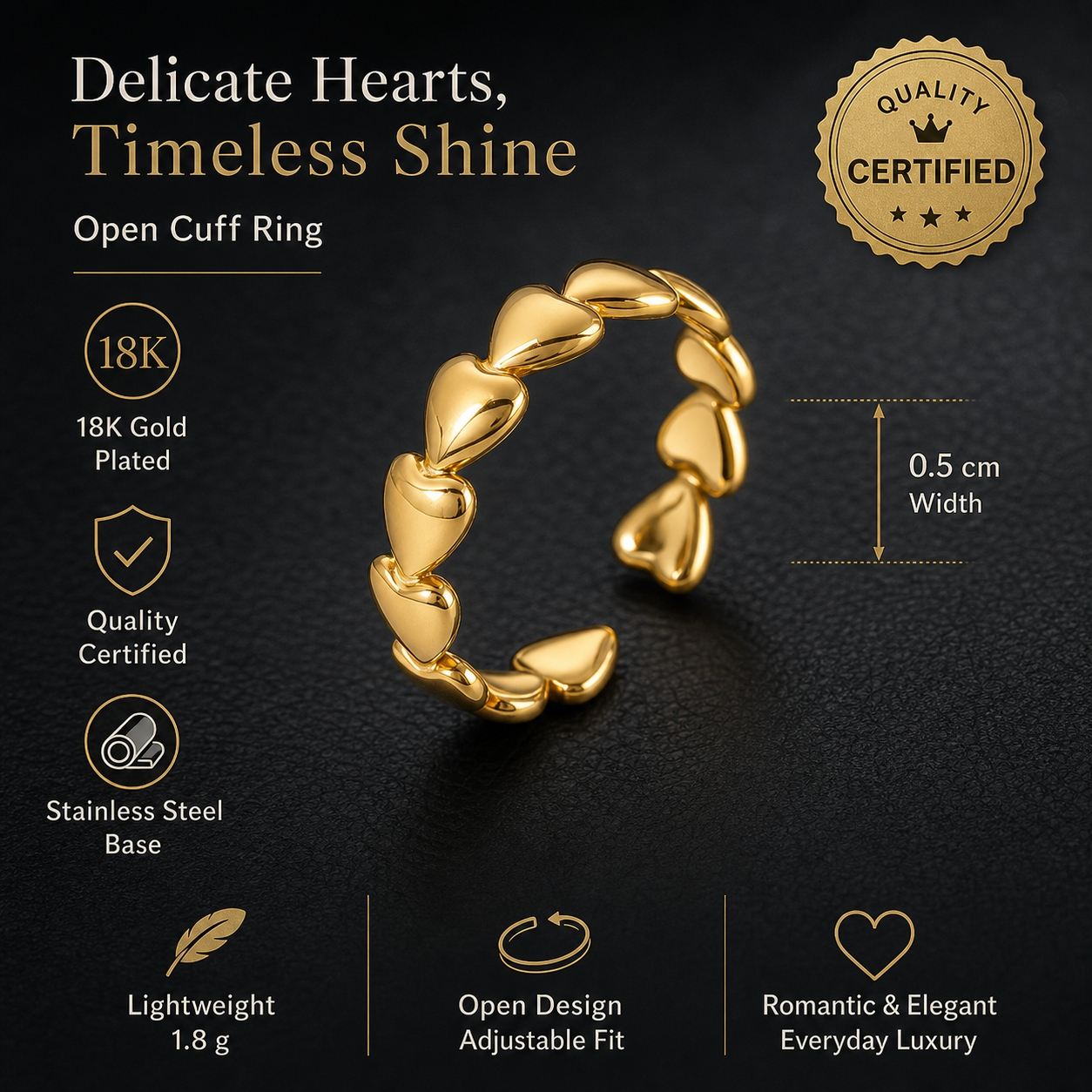 Heart Chain Golden Flexi Size Ring | 18K PVD Gold Plated- For Women | Includes: Ring