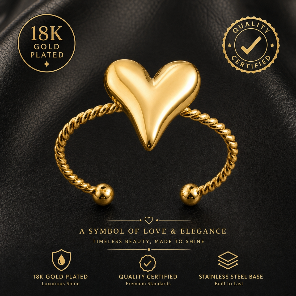Golden Heart-Rope Flexi Size Ring | 18K PVD Gold Plated- For Women | Includes: Ring