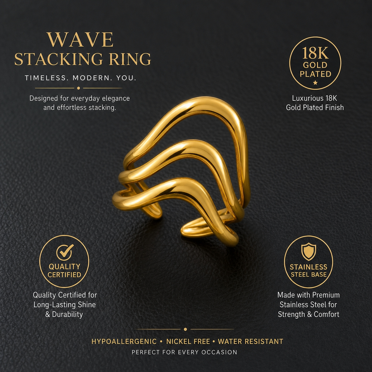 Symmetric Multi-Wave Dainty Flexi Size Ring | 18K PVD Gold Plated- For Women | Includes: Ring