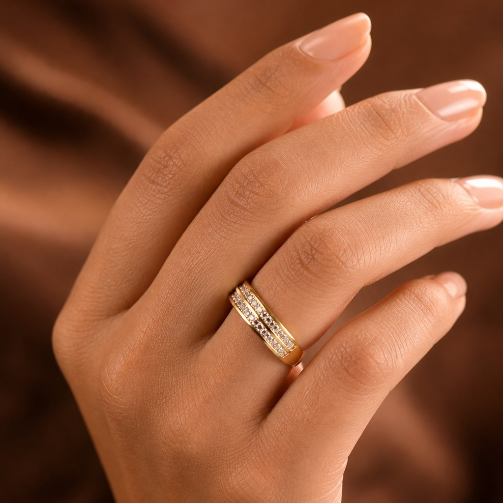 Zircon Line Titanium Steel Golden Ring | 18K Real Gold PVD Plated– For Women | Includes: Ring