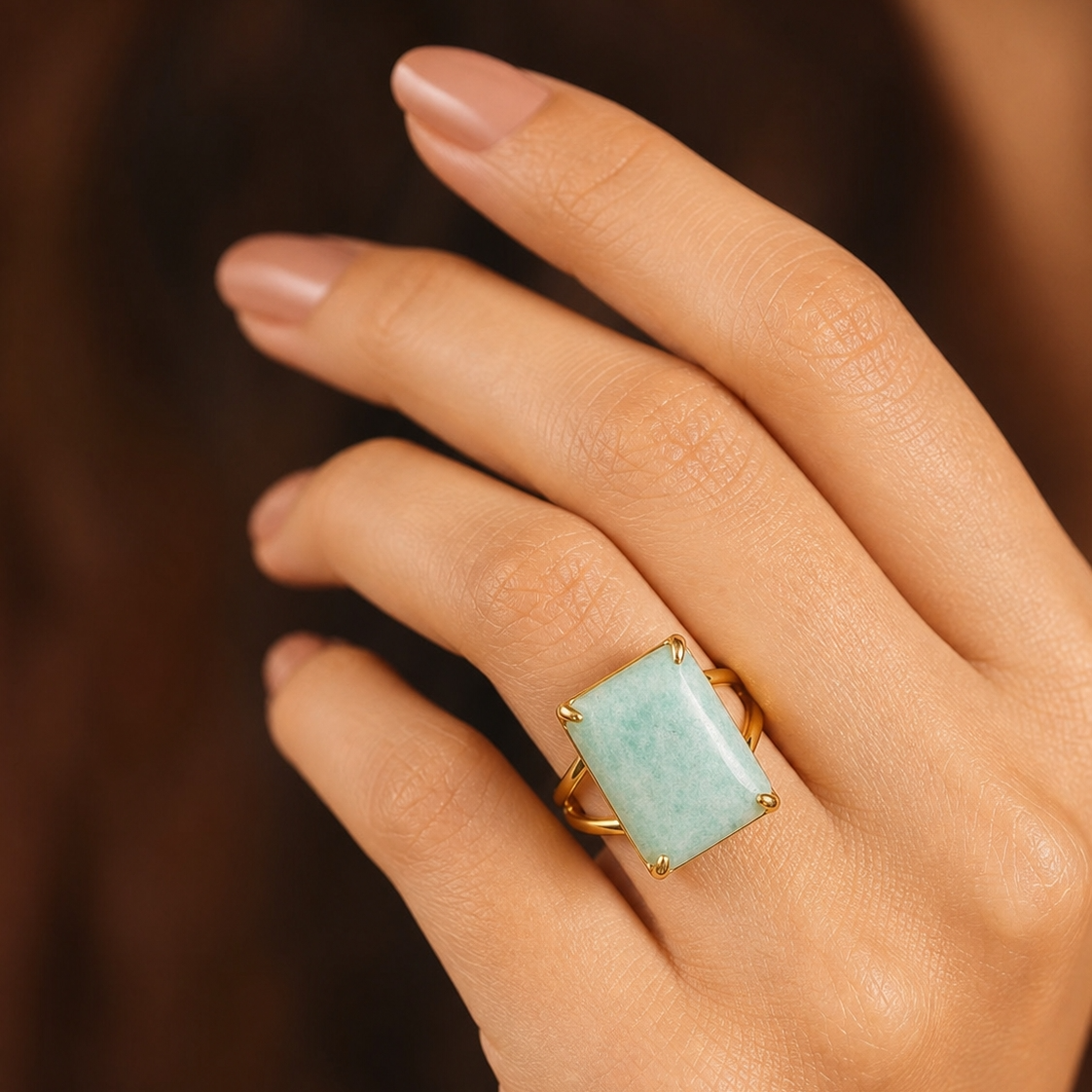 BOLD Natural Amazonite Stone Golden Flexi Size Ring | 18K Real Gold PVD Plated– For Women | Includes: Ring