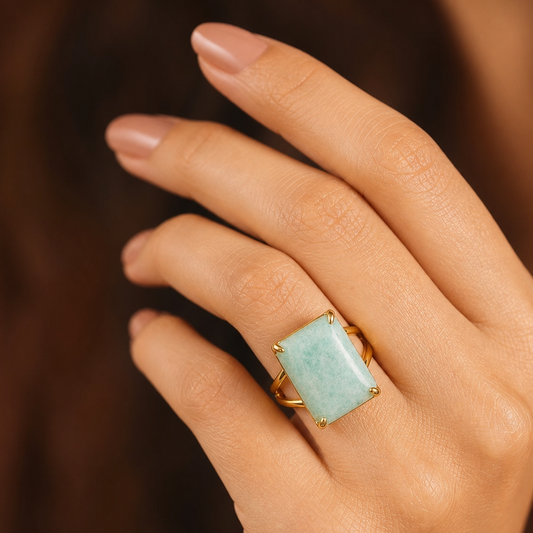 BOLD Natural Amazonite Stone Golden Flexi Size Ring | 18K Real Gold PVD Plated– For Women | Includes: Ring