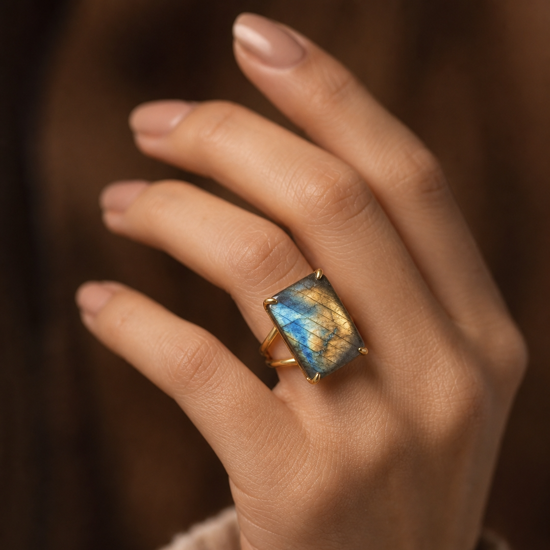 BOLD Labradorite Stone Golden Flexi Size Ring | 18K Real Gold PVD Plated– For Women | Includes: Ring