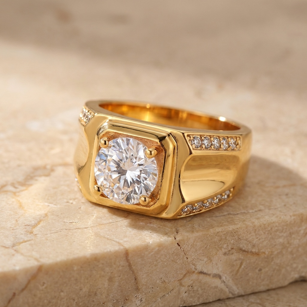 Regular  Solitire Clear Zircon Ring | 18K Real Gold PVD Plated– For Men | Includes: Ring