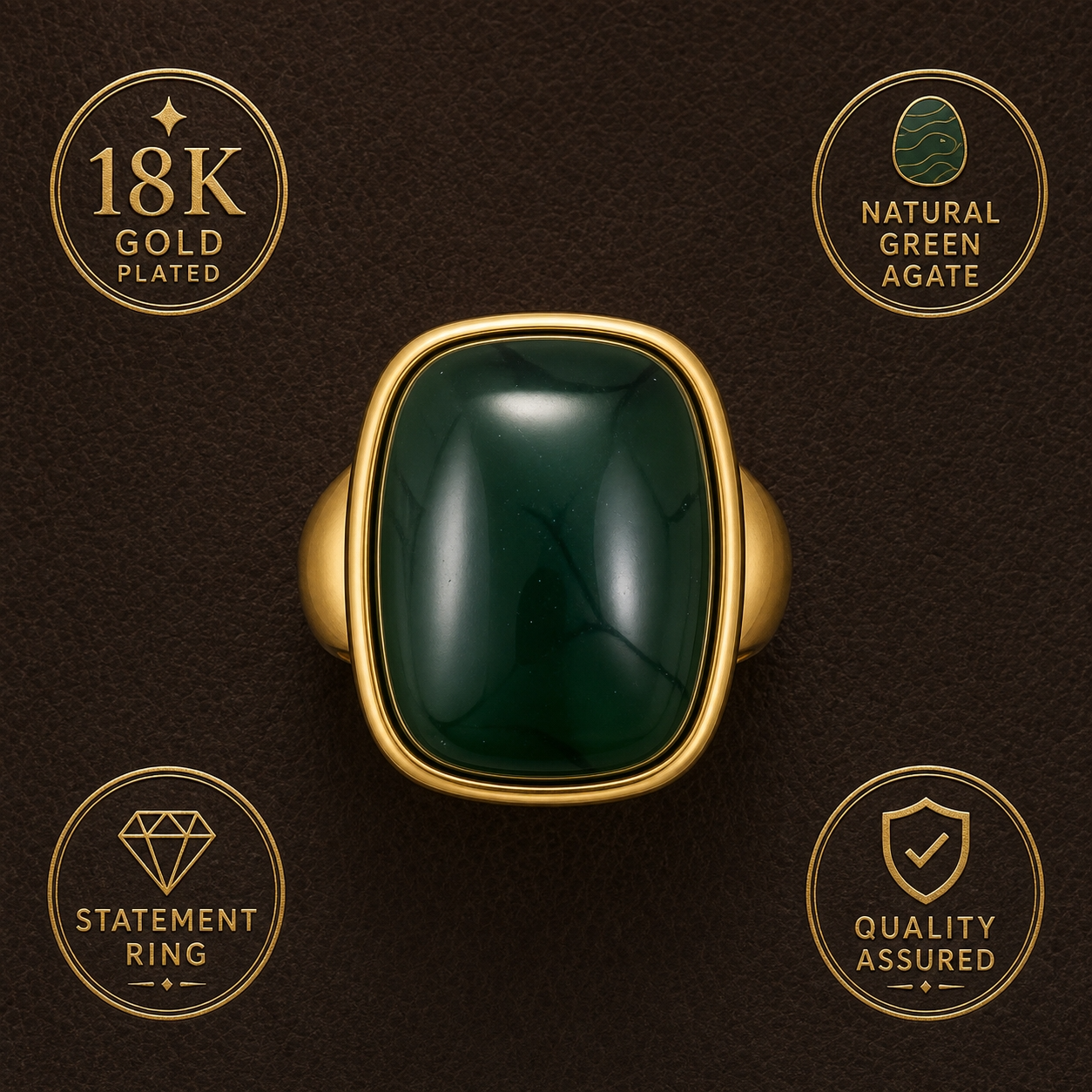Ultra Bold Natural Green Agate Stone Golden Ring | 18K Real Gold PVD Plated– For Women | Includes: Ring
