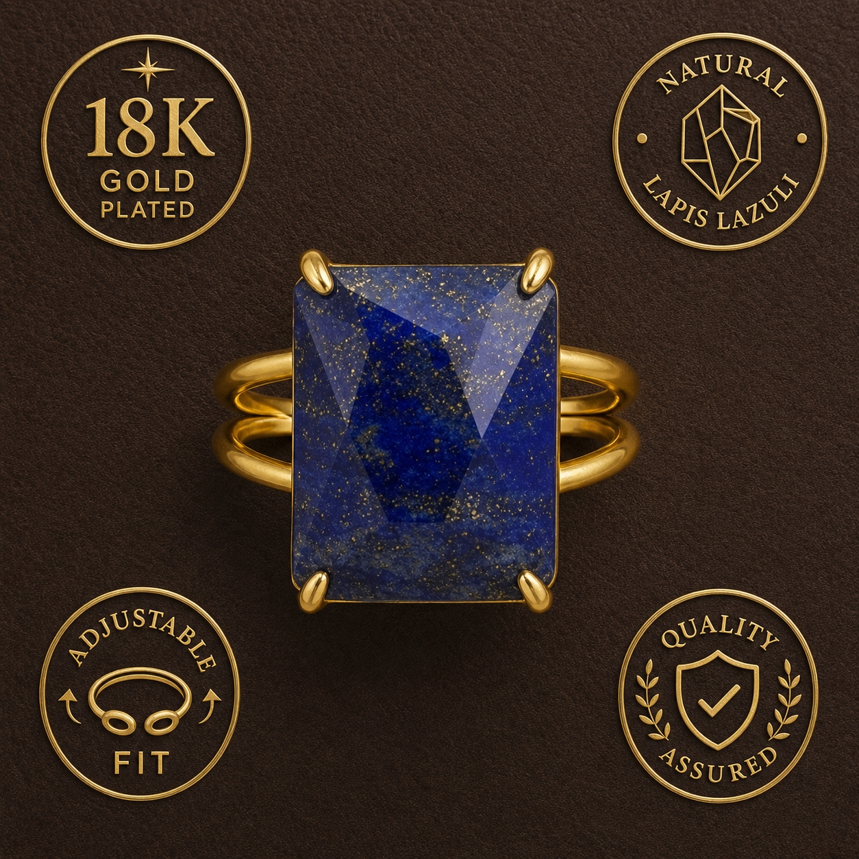 BOLD Natural Lapis Stone Golden Flexi Size Ring | 18K Real Gold PVD Plated– For Women | Includes: Ring