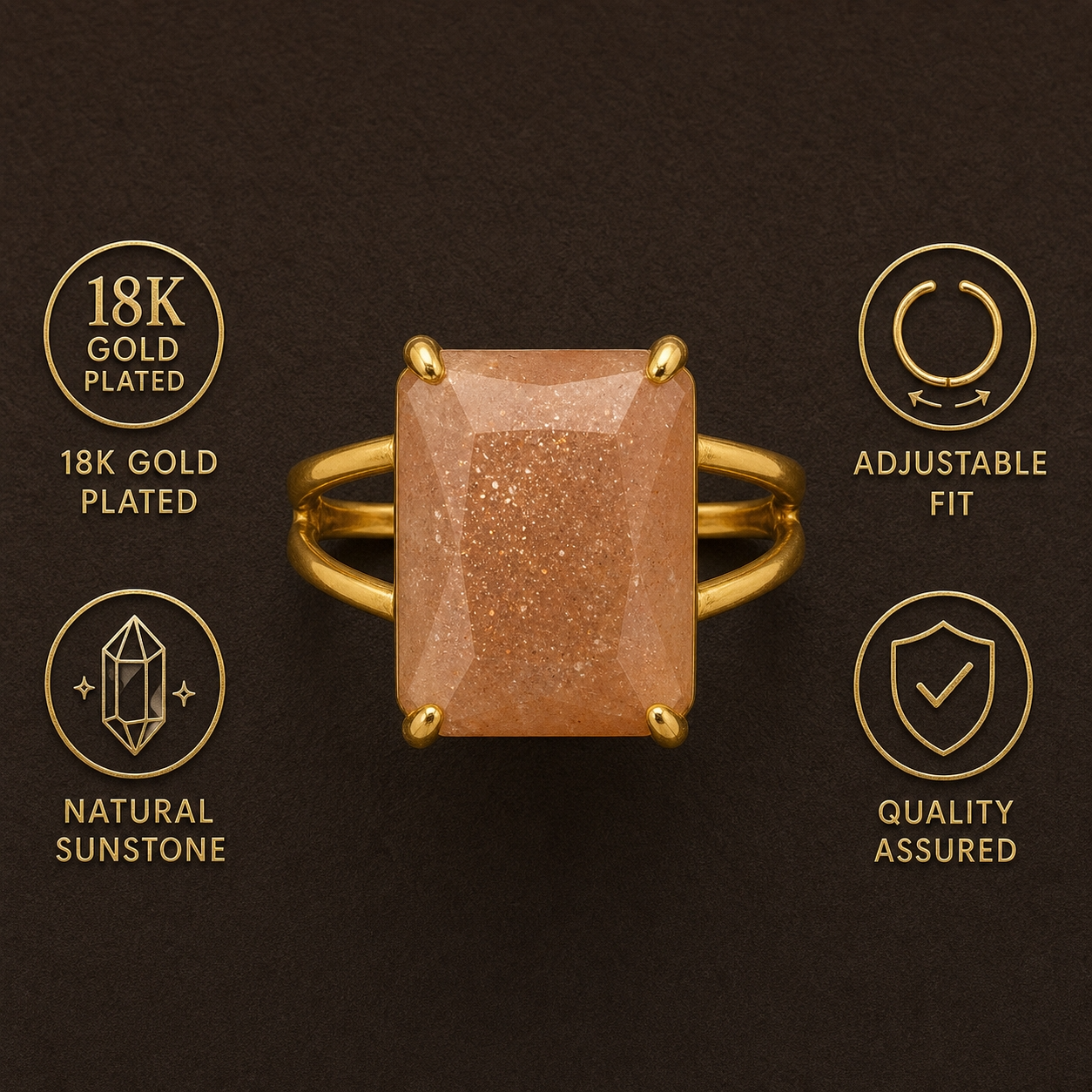 BOLD Natural Berry Quartz Golden Flexi Size Ring | 18K Real Gold PVD Plated– For Women | Includes: Ring