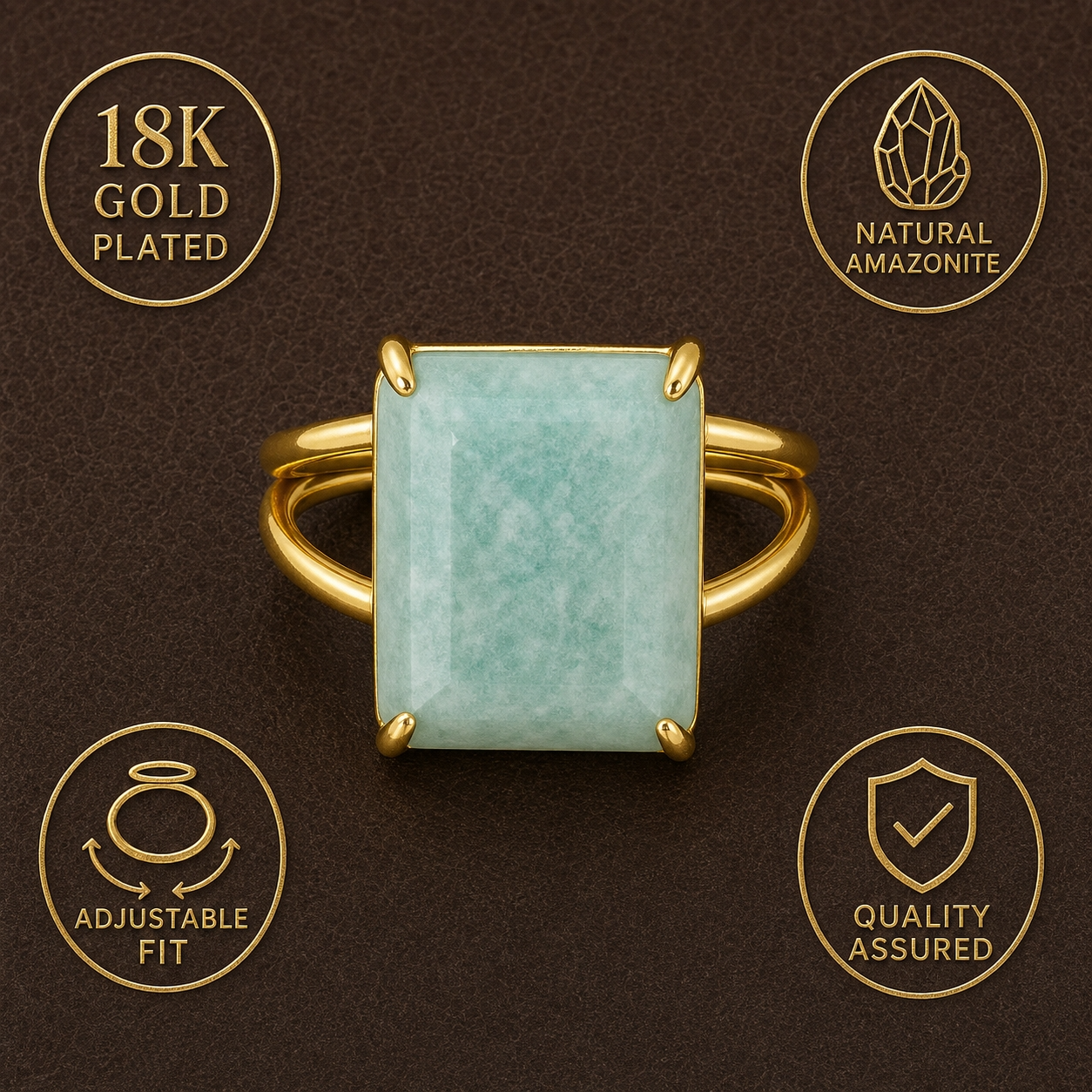 BOLD Natural Amazonite Stone Golden Flexi Size Ring | 18K Real Gold PVD Plated– For Women | Includes: Ring