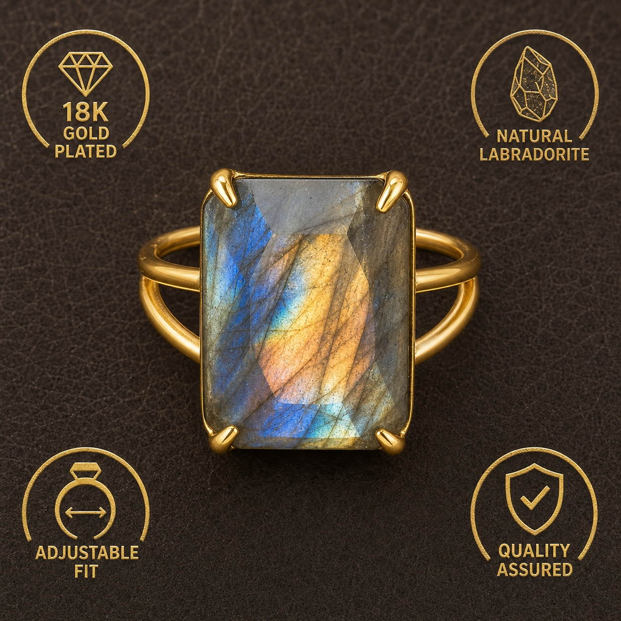 BOLD Labradorite Stone Golden Flexi Size Ring | 18K Real Gold PVD Plated– For Women | Includes: Ring