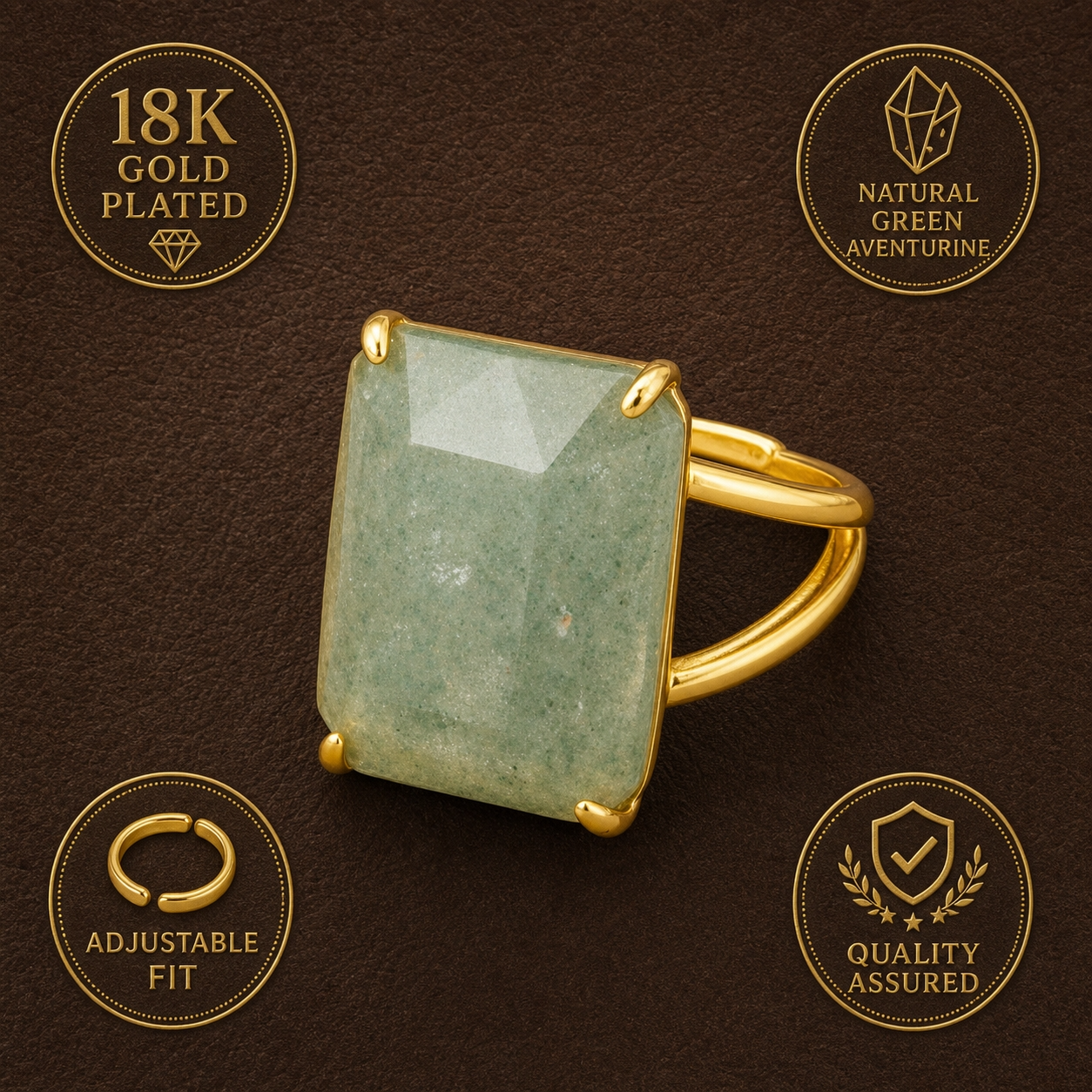 BOLD Natural Green Jade Golden Flexi Size Ring | 18K Real Gold PVD Plated– For Women | Includes: Ring