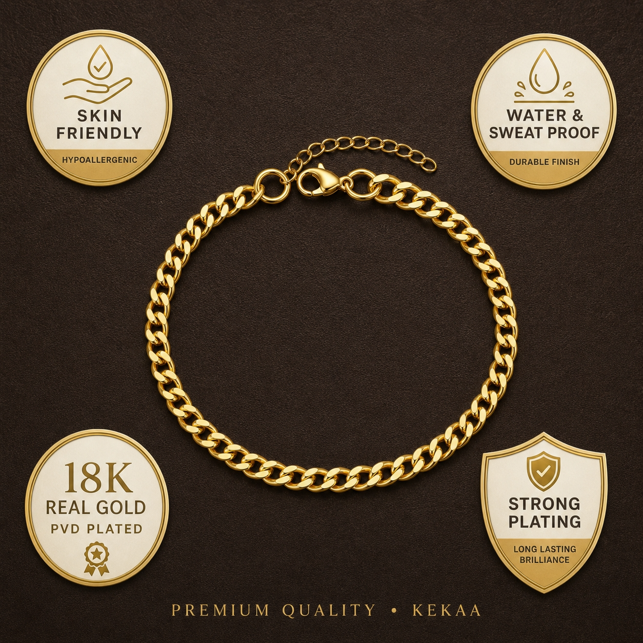 Golden Lean-Link Flexi Size Steel Regular Bracelet (7MM) | 18K PVD Gold Plated- For Men | Includes: Bracelet