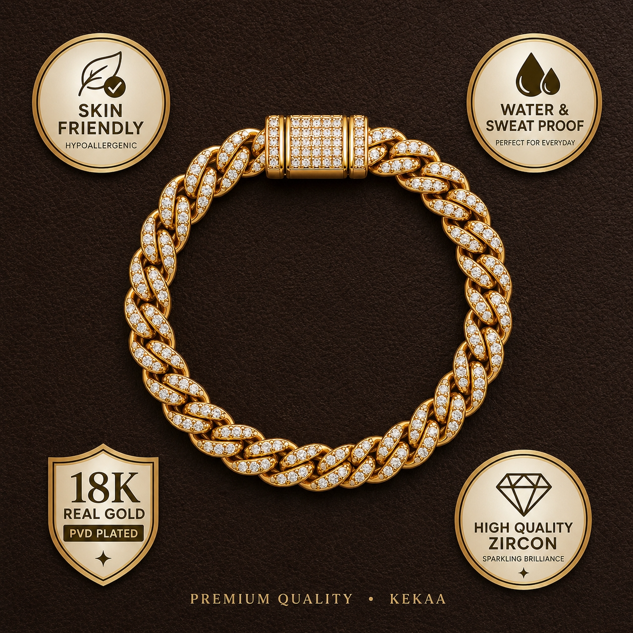 Ultra Modern Real Golden Cuban Zircon 8MM STANDARD Bracelet | 18K PVD Gold Plated- For Men | Includes: Bracelet
