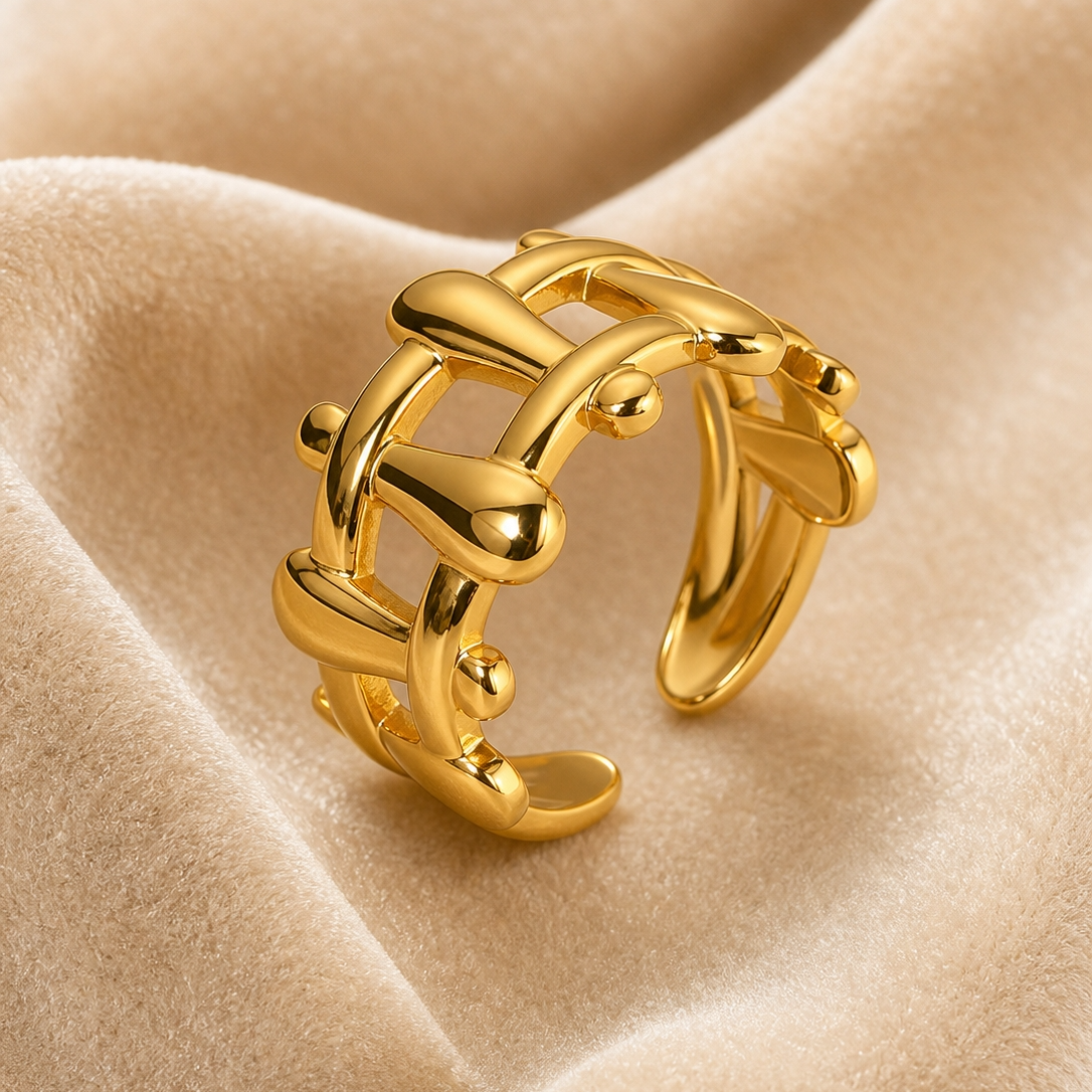 Criss Cross Bamboo Golden Flexi Size Ring | 18K PVD Gold Plated- For Women | Includes: Ring