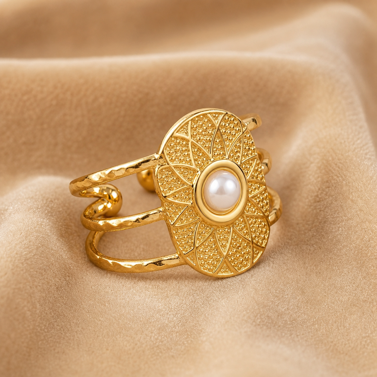 Ethnic Sun Pearl Flexi Size Golden Ring | 18K PVD Gold Plated- For Women | Includes: Ring