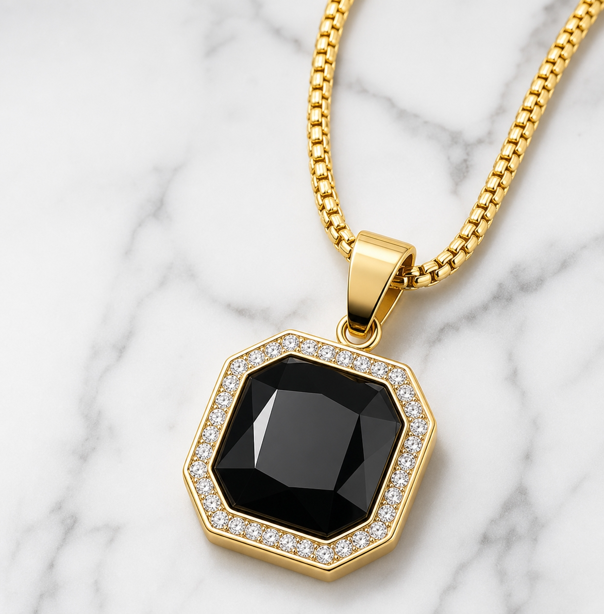 Ultra BOLD Posh BLACK Zircon Golden Necklace | 18K PVD REAL Gold Plated- For Men| Includes: Necklace