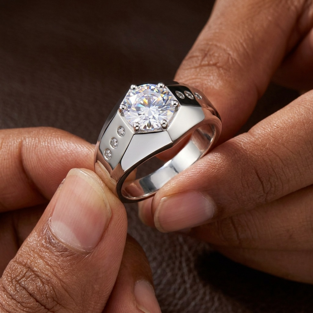 Squared Silverish Solitire Clear Zircon Ring | PVD Plated– For Men | Includes: Ring