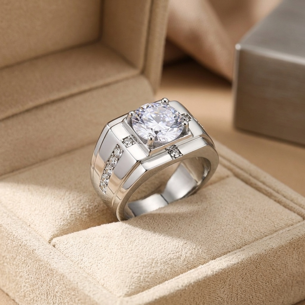 Regular Classic Silverish Solitire Clear Zircon Ring | PVD Plated– For Men | Includes: Ring