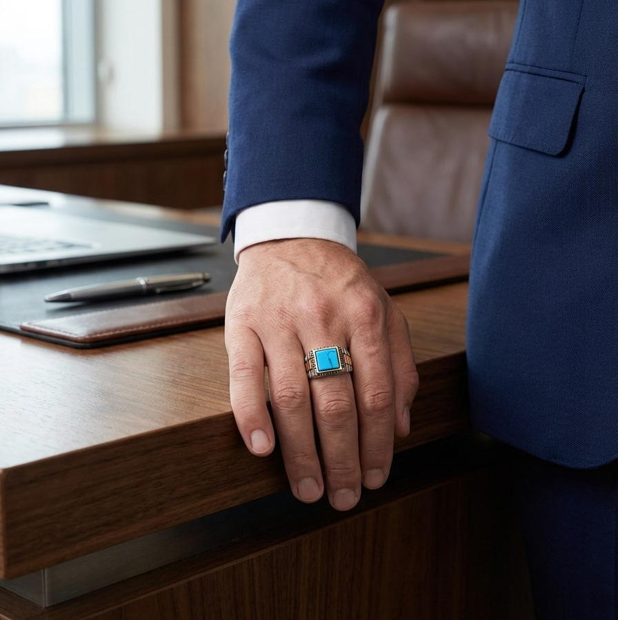 Natural Turquoise Stone Pyramid Ring | TITANIUM STEEL– For Men | Includes: Ring