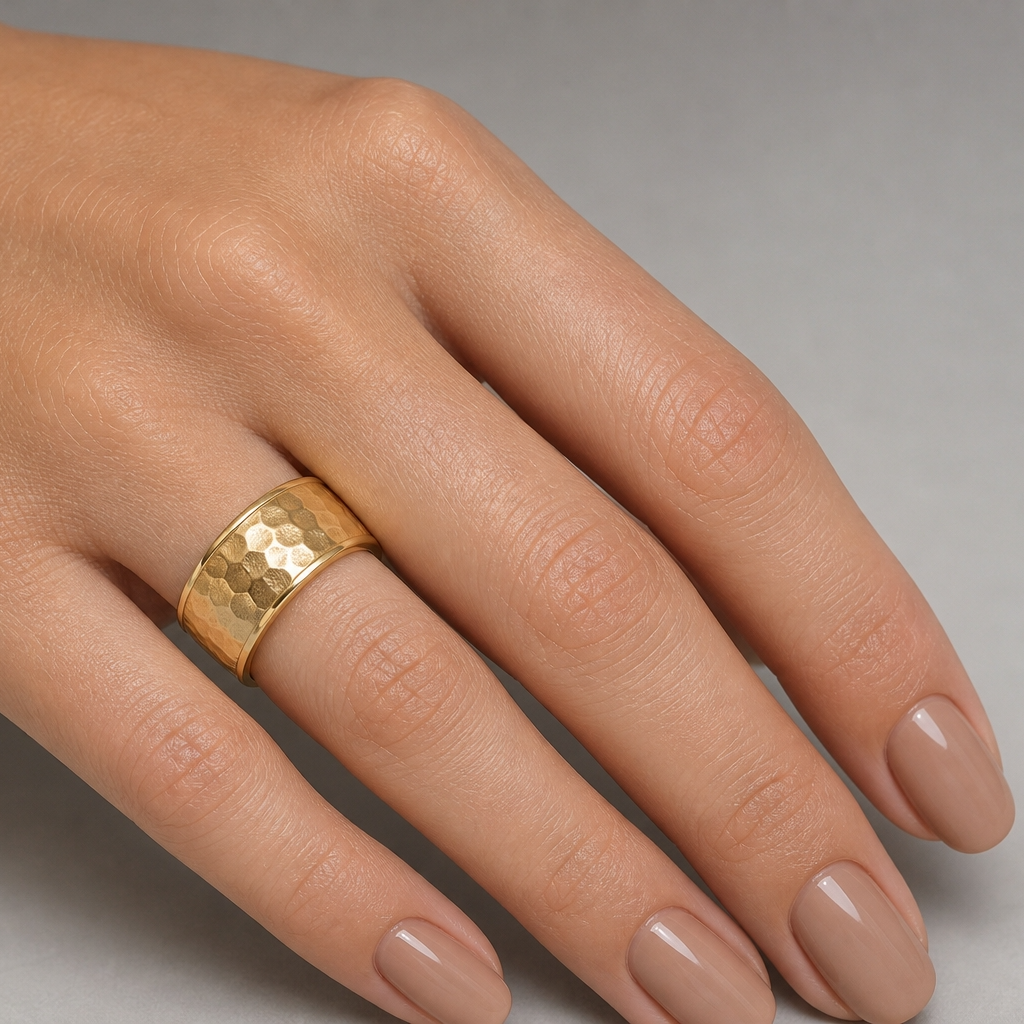 Hammered Titanium Steel Golden Ring | 18K Real Gold PVD Plated– For Women | Includes: Ring