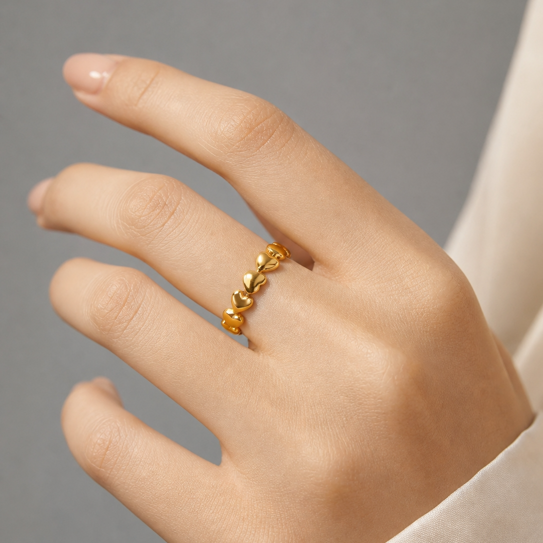 Heart Chain Golden Flexi Size Ring | 18K PVD Gold Plated- For Women | Includes: Ring