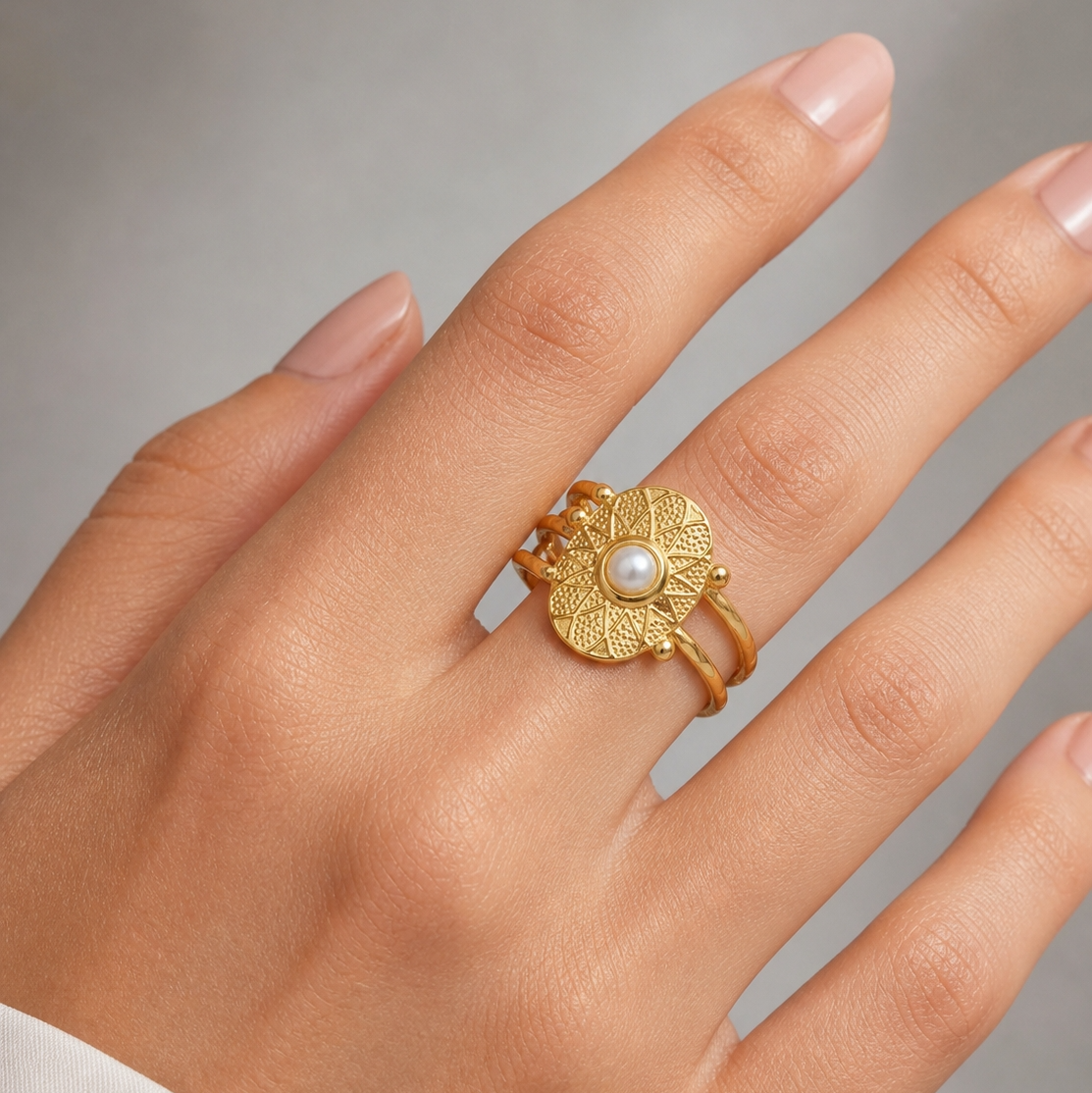 Ethnic Sun Pearl Flexi Size Golden Ring | 18K PVD Gold Plated- For Women | Includes: Ring