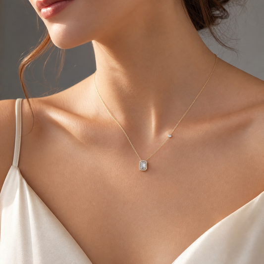 Beloved Clear RECTANGLE HALO & Heart Charm Necklace | Gold-Tone - For Women | Includes: Necklace