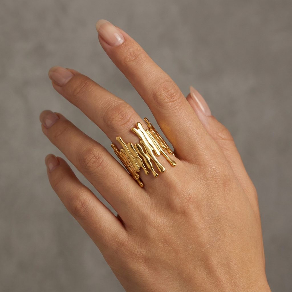 Drip Line Organic Zig-Zag Flexi Size Ring | 18K PVD Gold Plated- For Women | Includes: Ring